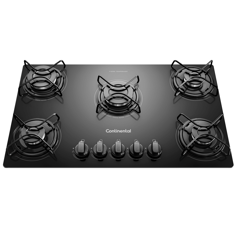 Cooktop 5 Bocas Continental a Gás de Vidro  Temperado Preto (KC5GP)