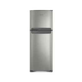 Foto frontal da geladeira Continental frost free duplex prata, modelo TC56S com puxador horizontal embutido entre as portas da geladeira e do freezer.