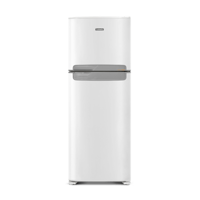 Foto frontal da geladeira Continental frost free duplex branca, modelo TC56 com puxador na cor prata horizontal embutido entre as portas da geladeira e do freezer.