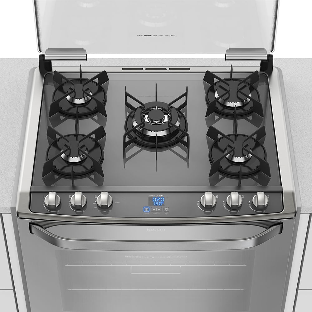 Fogão de Embutir 5 Bocas Mesa de Vidro e Timer Digital (76EXV