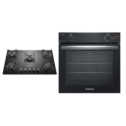 Kit Cooktop 5 Bocas Continental a Gás de Vidro Temperado Preto + Forno de Embutir a Gás Continental 80L com TOPLimpaFácil (KC5GP+OC8GM)