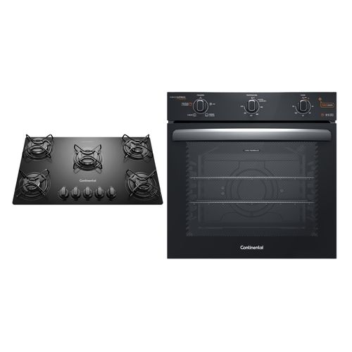 Kit Cooktop 5 Bocas Continental a Gás de Vidro Temperado Preto + Forno de Embutir Elétrico Continental 80L com TOPLimpaFácil (KC5GP+OC8EM)