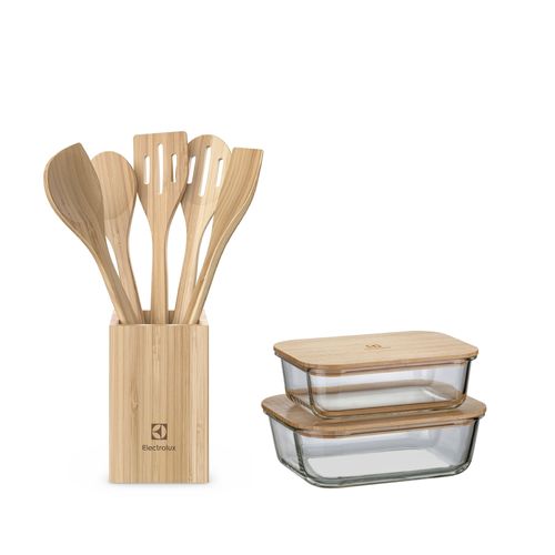 Kit Conjunto de Utensílios de Bambu + Potes Herméticos Refratários com Tampa de Bambu Electrolux