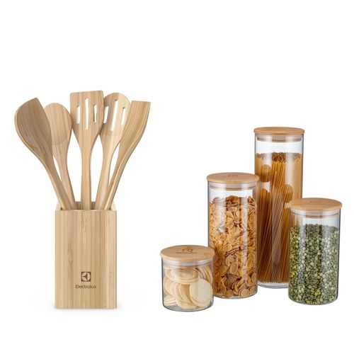 Kit Conjunto de Utensílios de Bambu + Potes Herméticos Porta-Mantimentos com Tampa de Bambu Electrolux