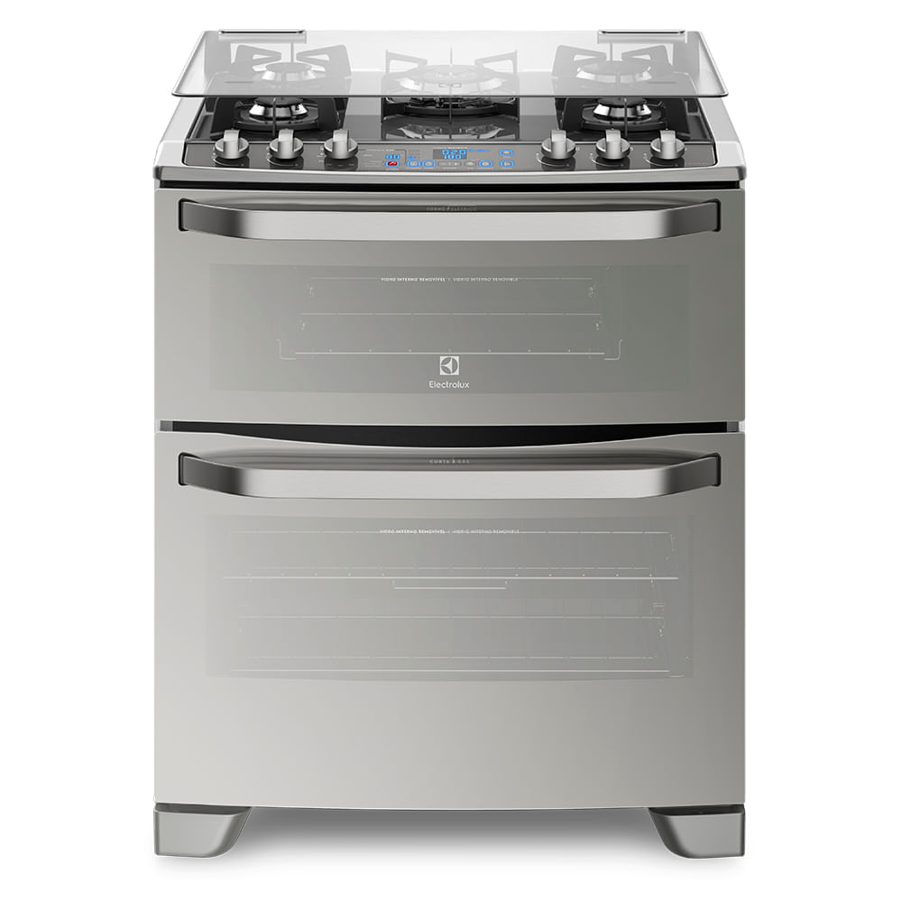 Fogão 5 Bocas Electrolux Prata com Mesa de Vidro e Forno Duplo (76DXW) 127V