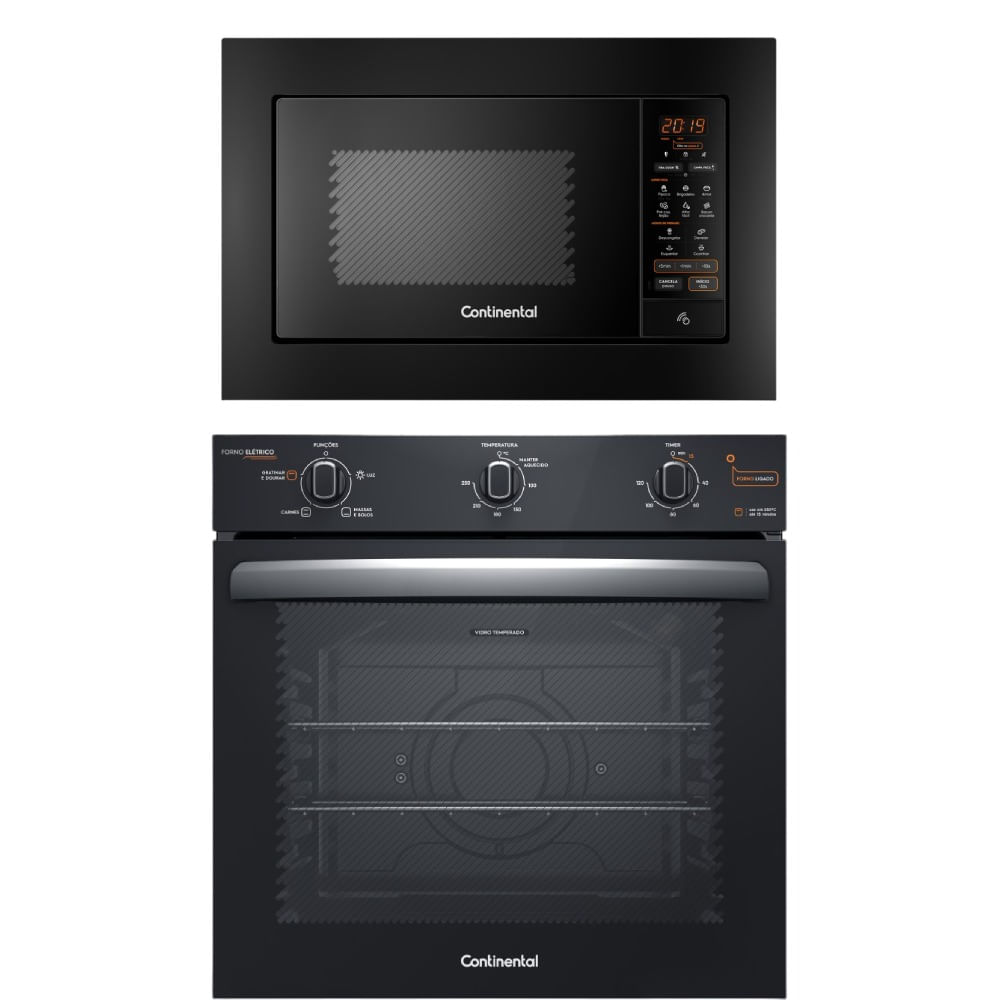 Torre de Cocção com Micro-ondas de Embutir 27L Preto (MC2EP) + Forno de Embutir Elétrico 80L (OC8EM) Continental - 127V