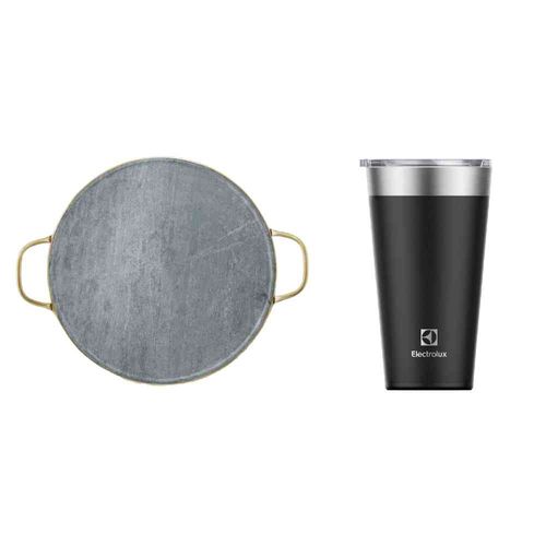 Kit Pedra para Pizza de Pedra Sabão com Alças de Cobre + Copo Térmico 560ml Preto Sense  Electrolux - Kit Pedra para Pizza de Pedra Sabão com Alças de Cobre + Copo Térmico 560ml Preto Sense Electrolux