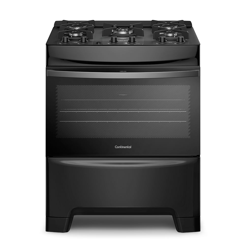 Fogão 5 Bocas Continental Preto Mesa de Vidro, Forno Eco Turbo e Tripla Chama (FC5GB)