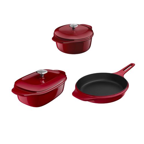 Jogo de Panelas Electrolux de Ferro Fundido Esmaltado Vermelha Expert com 3 Peças - Panela de Ferro Fundido Esmaltado Oval Electrolux Expert 27cm Vermelha