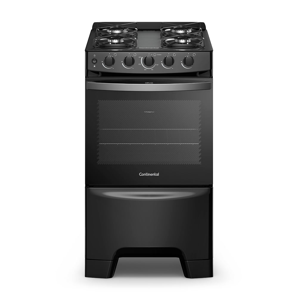Fogão 4 Bocas Continental Preto Automático com TOPLimpaFácil e Mesa de Vidro (FC4FP)