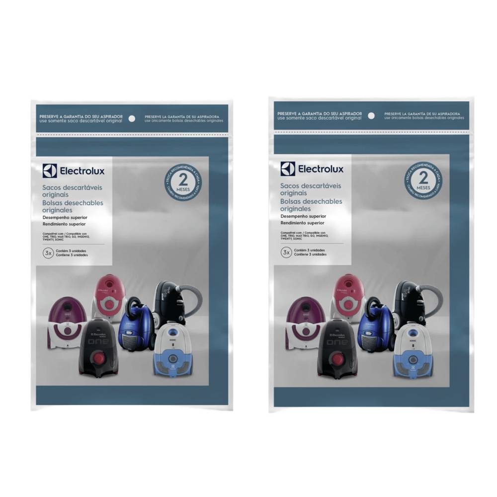 2 Kits 3 Sacos de aspirador de pó - Modelos: One, Trio, Max Trio, Go!, Ingenio, Twenty e Sonic (SBEON) Electrolux