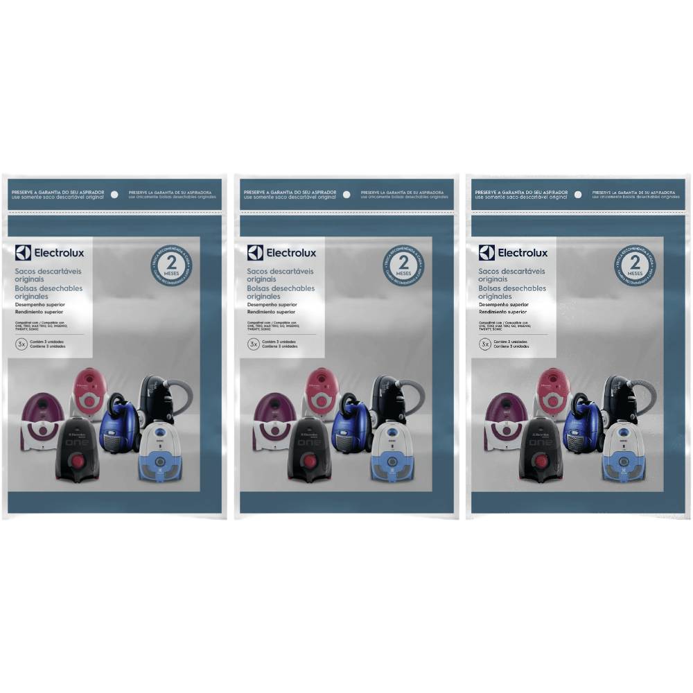 3 Kits 3 Sacos de aspirador de pó - Modelos: One, Trio, Max Trio, Go!, Ingenio, Twenty e Sonic (SBEON) Electrolux