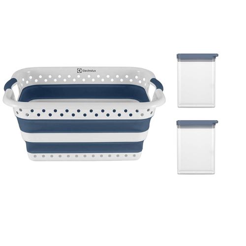 Kit Cesto para Roupas Dobrável Electrolux 40 Litros Branco e Azul + 2 Potes Herméticos Organizadores Electrolux Experience Empilhável Modular 1,75L